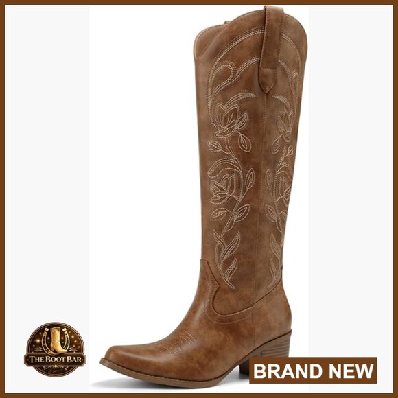 Shoes - Knee High Cowboy Boots Chunky Heel Square Toe Embroidered Western Comfort